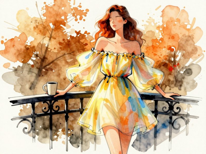 Red-haired woman in a sheer off-shoulder dress leans on a balcony railing holding a coffee mug against autumn foliage