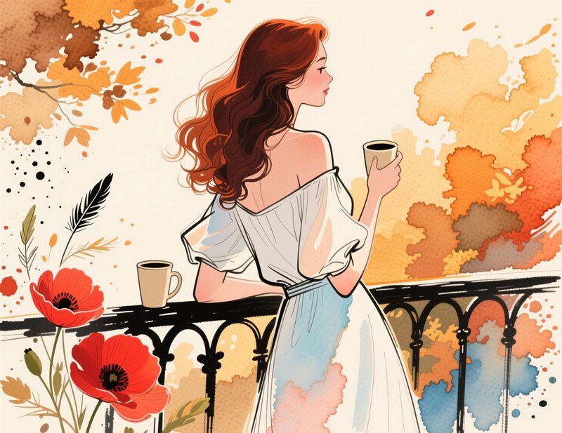 Red-haired woman holding coffee stands on a balcony overlooking warm autumn foliage and red poppies
