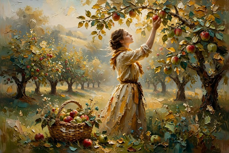 Woman picking ripe apples from a tree in a sunlit autumn orchard beside a full wicker harvest basket
