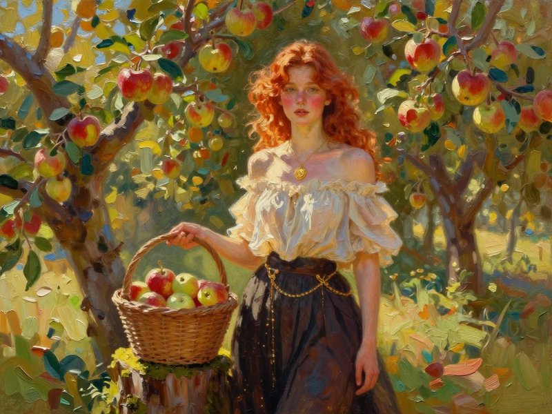 Young curly red-haired woman stands with a basket of ripe apples in a sunlit orchard