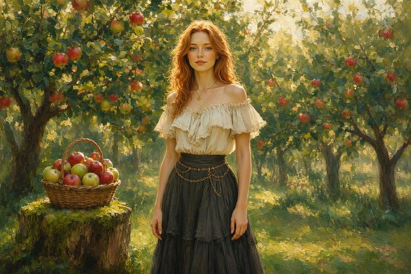 Red haired woman stands in a sunlit apple orchard beside a basket of ripe fruit