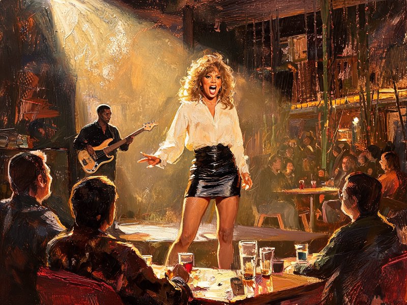 Female singer performs under a stage spotlight in a crowded intimate nightclub alongside a bass guitarist