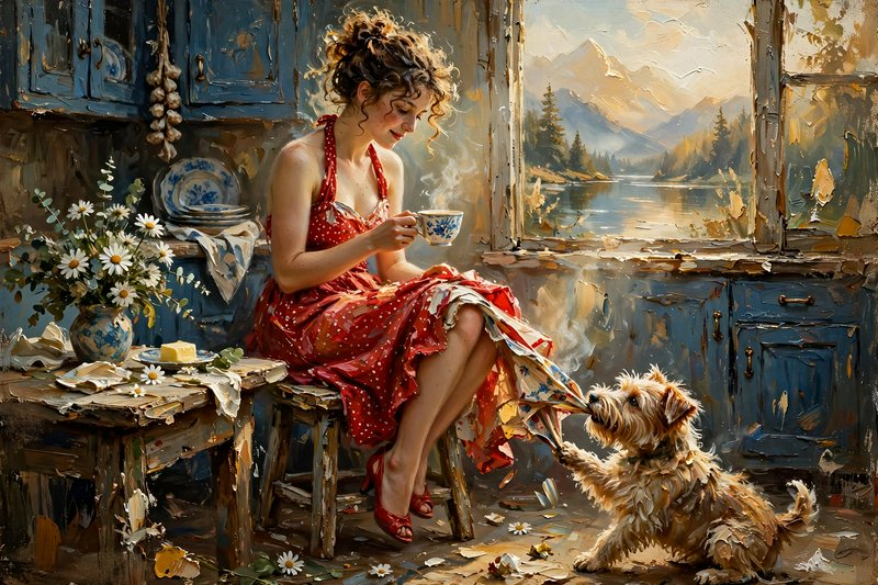 Young woman holding a teacup as a scruffy terrier playfully tugs her dress in a mountain cottage kitchen