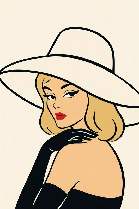 Retro pop art illustration of an elegant blonde woman in a wide white hat looking over her shoulder