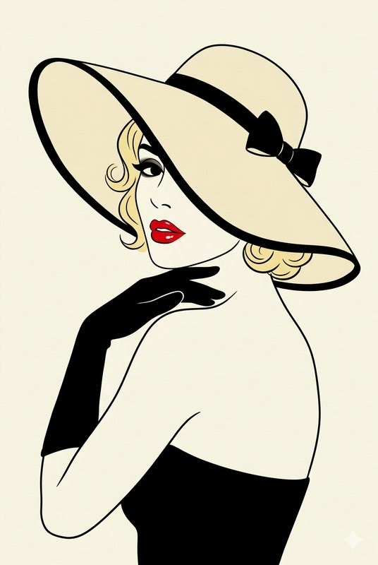 Elegant retro blonde woman in a wide brim hat looks back over her shoulder