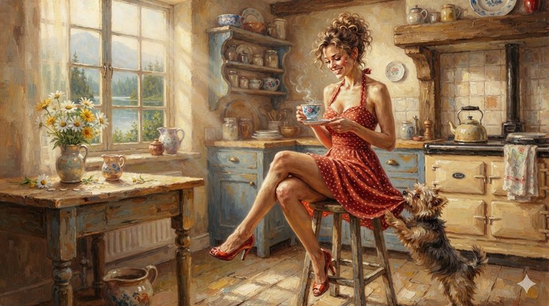 Smiling woman in a red polka dot dress holds a teacup as a Yorkie tugs her dress in a sunlit cottage kitchen