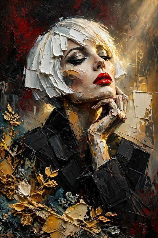 Thick impasto oil portrait of a platinum blonde woman with closed eyes resting her chin on her hand