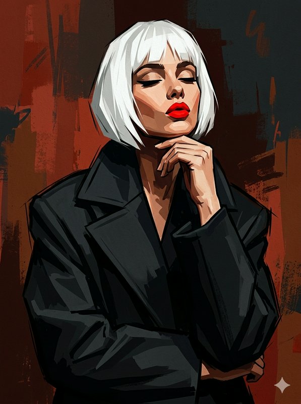 Stylized portrait of a woman with a white bob, red lipstick, and black coat resting her chin on her hand