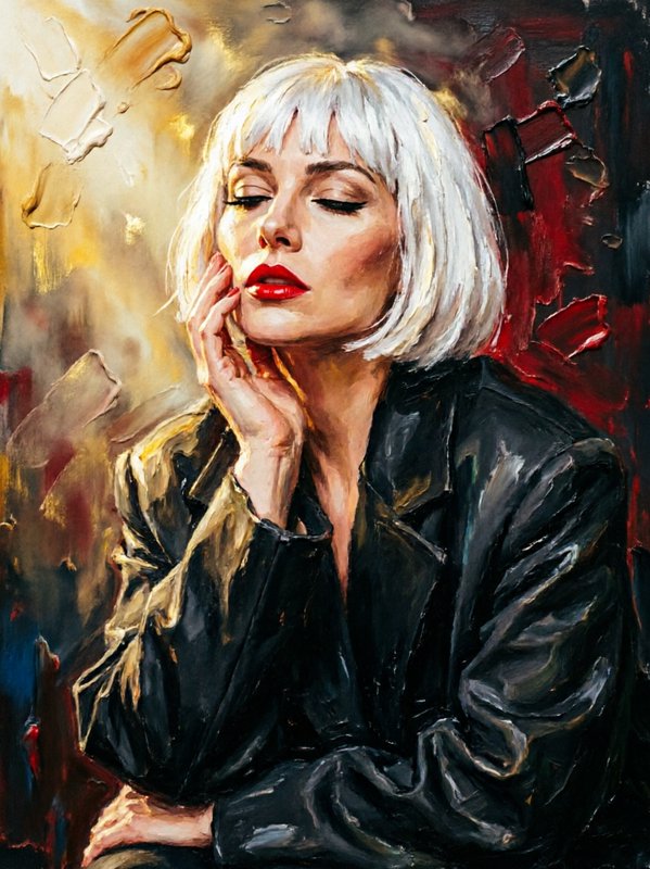 Textured impasto oil portrait of a platinum blonde woman with red lipstick resting her cheek on her hand, eyes closed