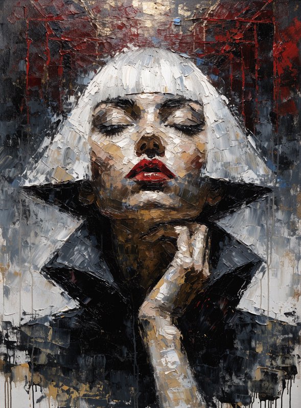 Impasto oil portrait of a platinum blonde woman with closed eyes and bold red lipstick