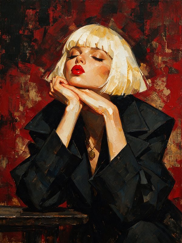 Impasto oil portrait of a platinum blonde woman with red lips resting her chin on her hands.