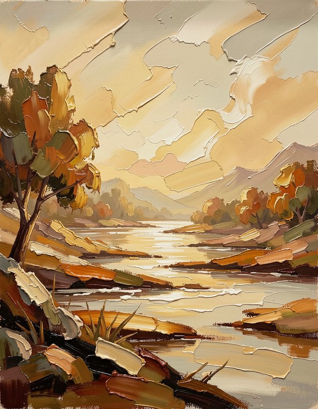 Thick impasto oil painting of a golden autumn river valley under warm sunset skies with distant hazy mountains