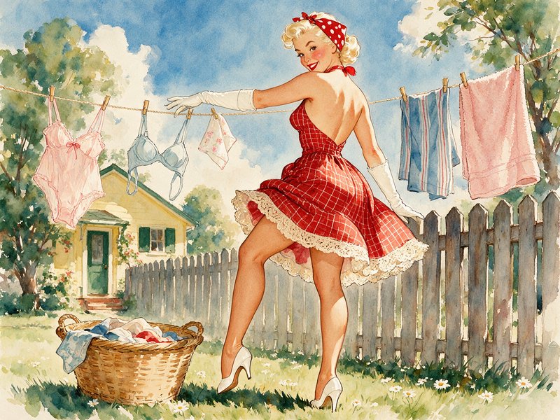 Vintage pin-up woman hanging laundry on a clothesline in a sunny cottage backyard