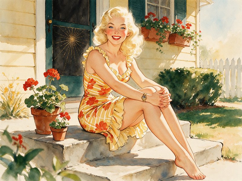 Cheerful blonde woman in a yellow sundress sits on sunlit cottage porch steps next to potted red geraniums