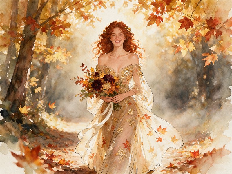 Smiling curly red-haired woman in a leaf embroidered gown holds a fall bouquet walking through a ...