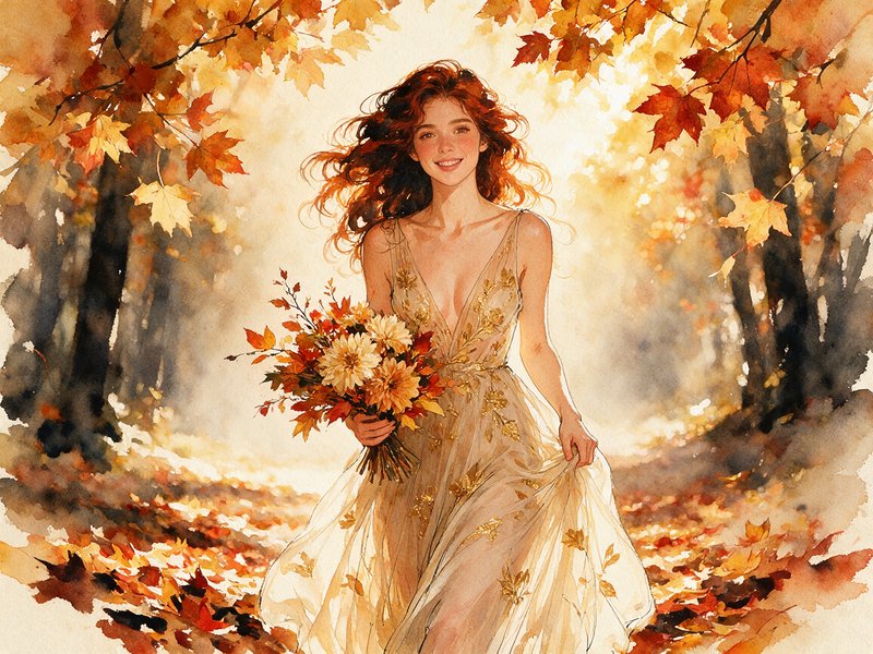 Smiling red-haired woman in a flowing gown holds an autumn bouquet while walking a sunlit fall forest path