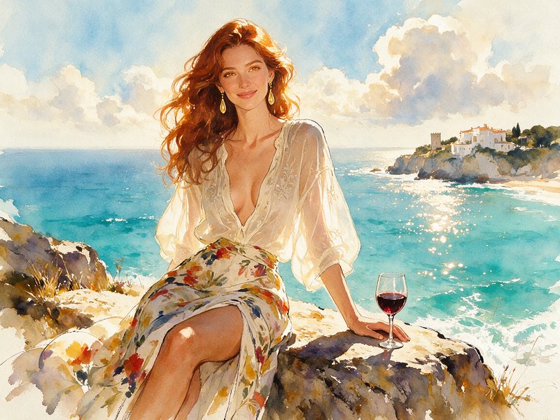 Red-haired woman sitting on a sunlit coastal cliff with a glass of red wine overlooking turquoise...
