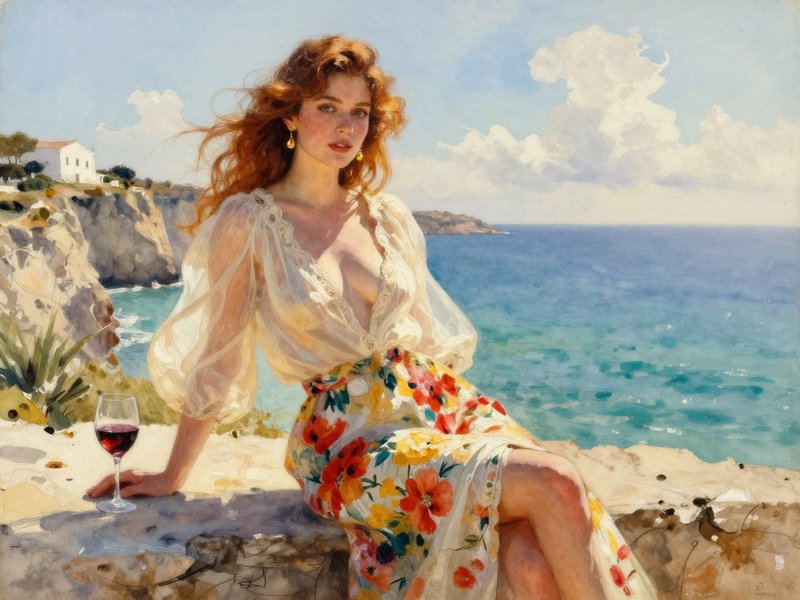 Red-haired woman in a floral dress sits on a sunlit seaside cliff beside a glass of red wine overlooking turquoise coastal