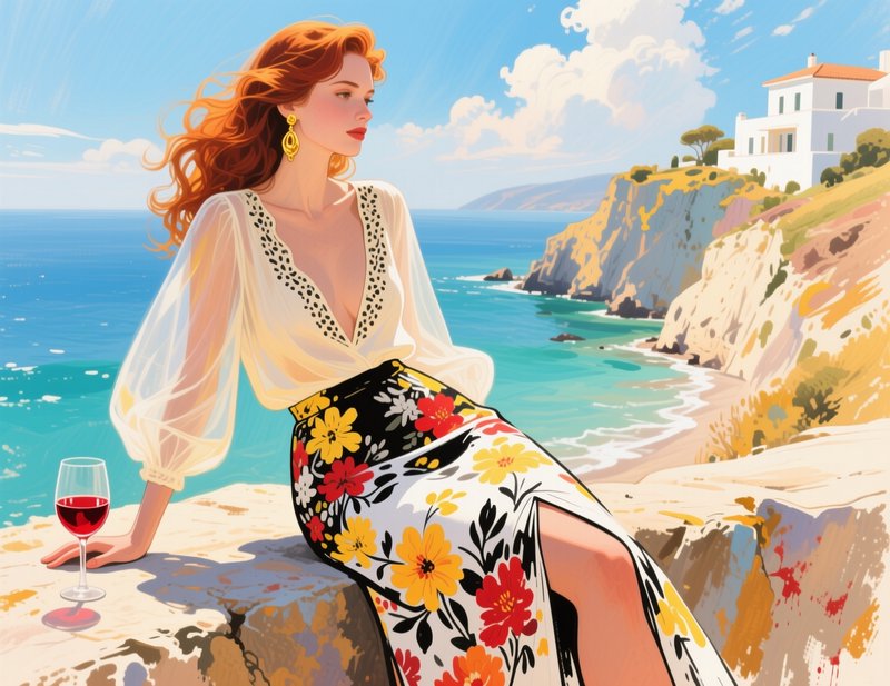 Elegant red-haired woman resting on a sunlit coastal cliff beside a glass of red wine overlooking turquoise seas