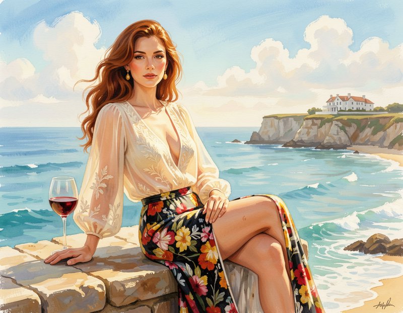 Elegant red-haired woman sits on a stone coastal ledge with a glass of red wine overlooking the ocean