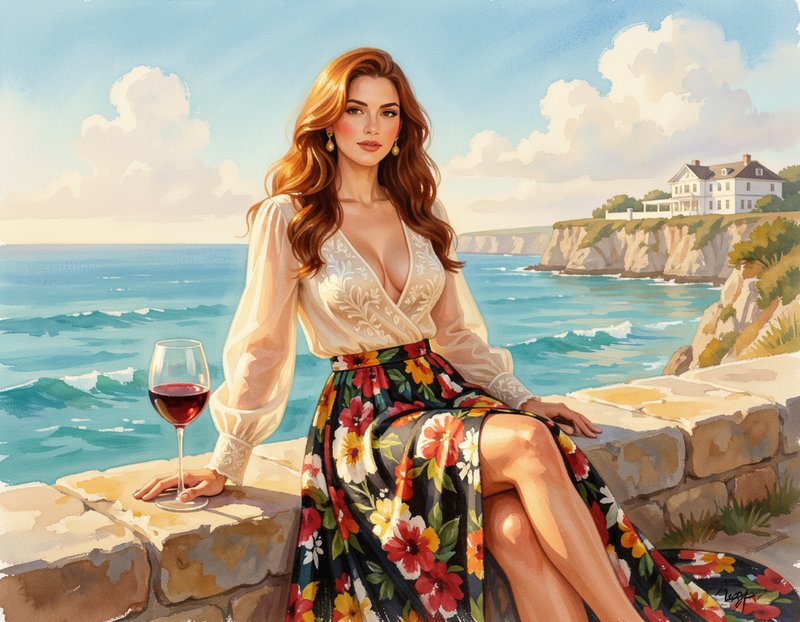 Elegant red-haired woman sits on a sunlit seaside stone ledge with a glass of red wine overlooking the coast