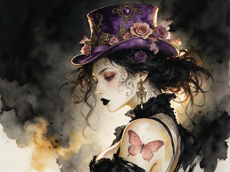 Watercolor portrait of a gothic steampunk woman wearing an ornate purple rose-adorned top hat
