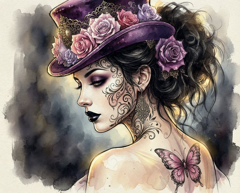 Watercolor portrait of a steampunk goth woman wearing a floral purple top hat with filigree face tattoos and a butterfly