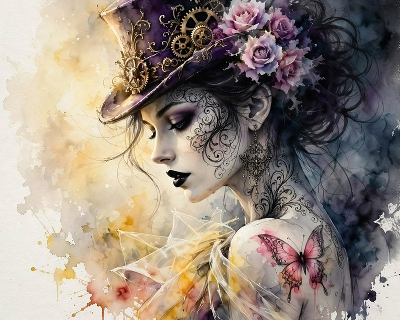 Watercolor portrait of a steampunk woman with filigree face art, top hat, and pink butterfly tattoo