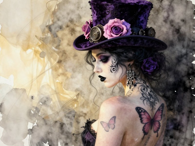 Gothic steampunk woman in a purple velvet top hat, showing butterfly back tattoos against a soft watercolor background