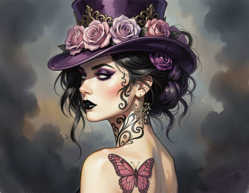Stylized gothic woman portrait wearing a purple rose-adorned top hat with filigree and butterfly tattoos