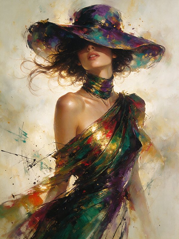 Elegant woman in a wide colorful brimmed hat and shimmering gown, rendered in expressive painterl...
