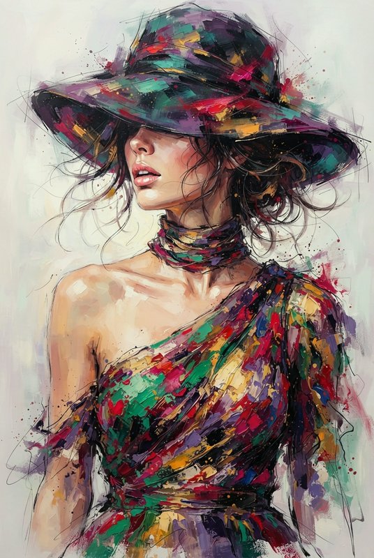 Expressive impasto portrait of an elegant woman whose eyes are covered by a vibrant wide-brimmed hat