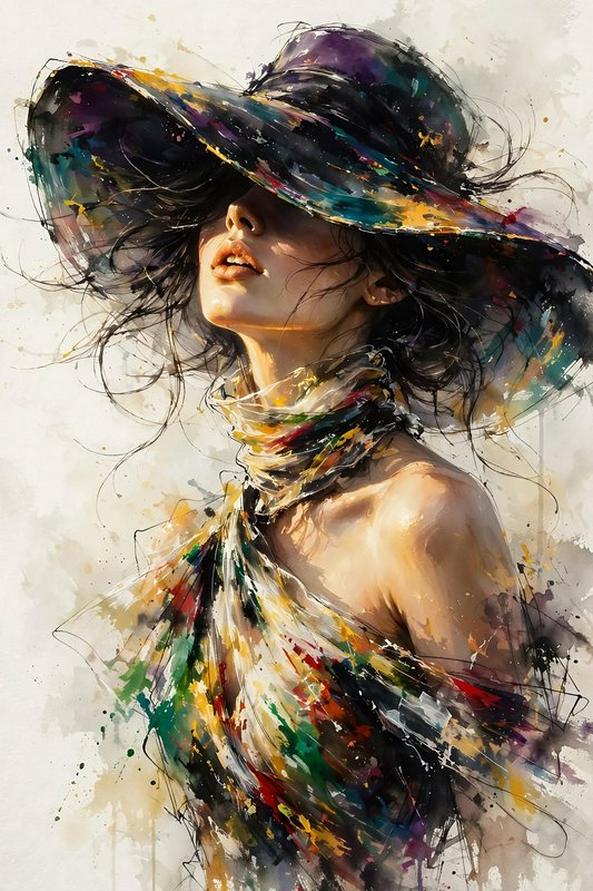 Expressive watercolor portrait of a woman in a wide colorful hat, head tilted upward in soft wind.