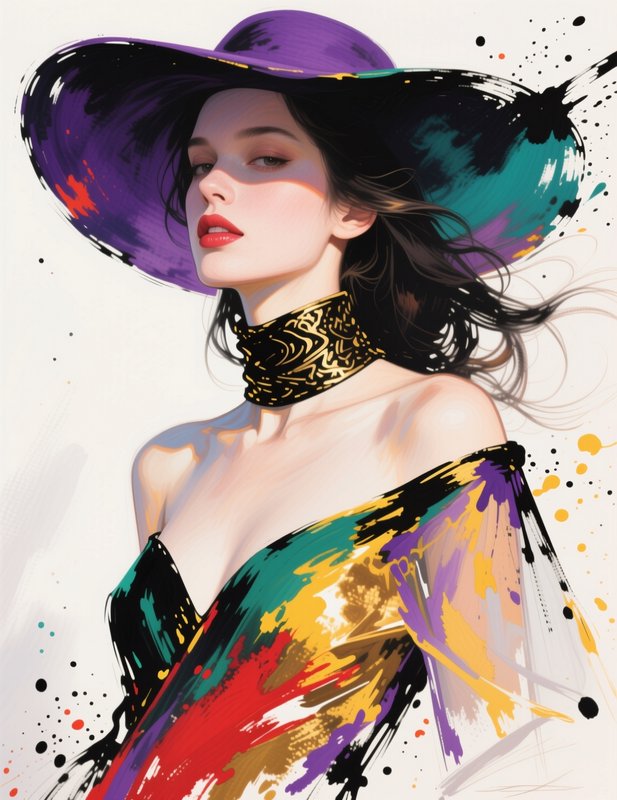 Fashion portrait of an elegant woman in a wide brimmed purple hat, rendered with bold painterly brush strokes