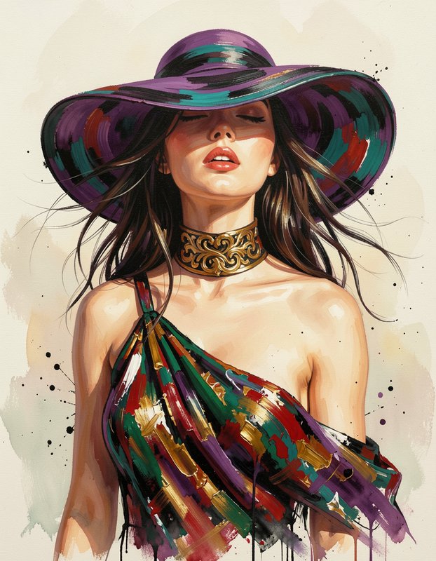 Stylized portrait of a woman with closed eyes, wearing a bold painted wide-brim hat and ornate gold choker