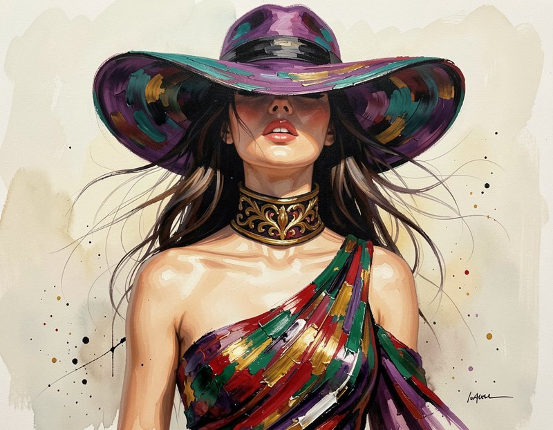 Painterly portrait of a glamorous woman in a wide brimmed colorful hat and ornate gold choker