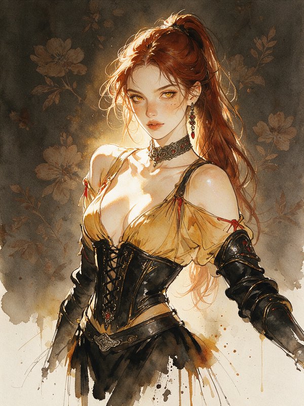Red haired fantasy warrior woman with golden eyes wearing a leather corset and armored bracers