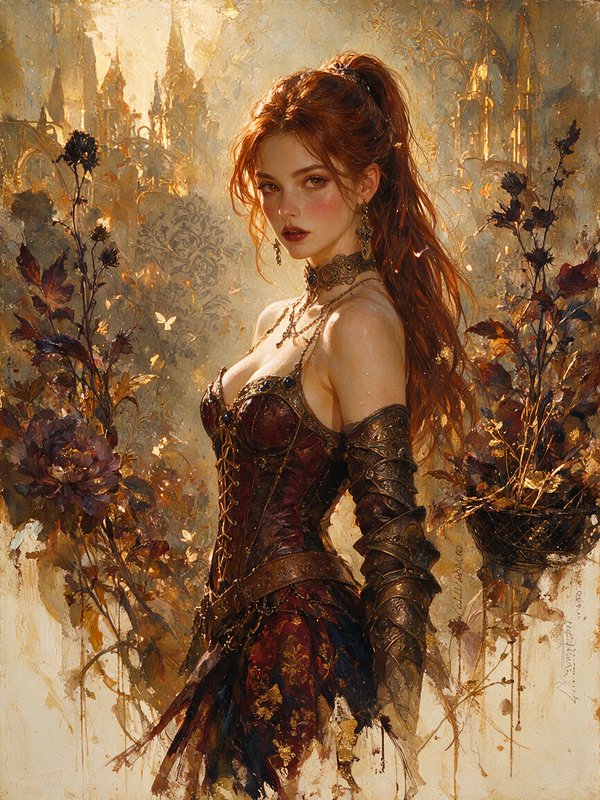 Red haired fantasy warrior in ornate leather armor stands against a gilded gothic castle backdrop