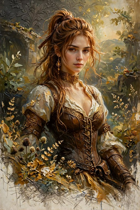 Stoic fantasy adventurer woman with auburn hair posed amid overgrown ancient ruins