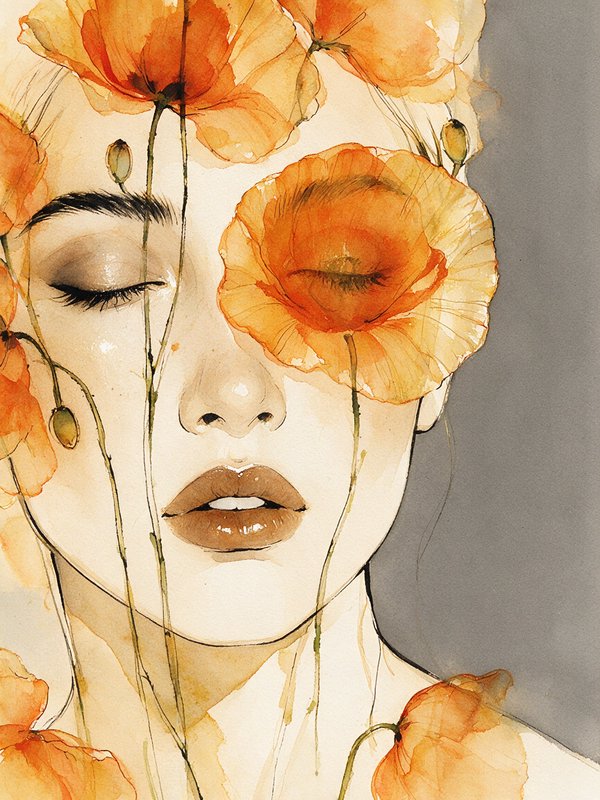 Ethereal watercolor portrait of a serene woman with closed eyes surrounded by translucent orange ...