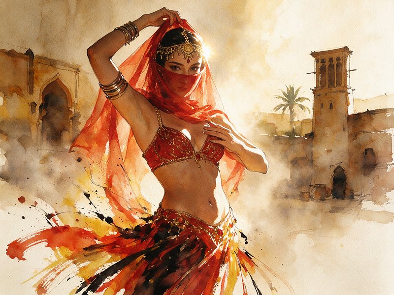 Graceful veiled belly dancer in red and gold costume poses in a sunlit desert village, rendered i...