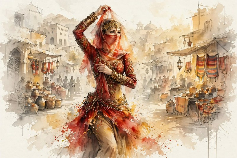 Watercolor painting of a veiled traditional dancer in red and gold attire standing in a bustling historic bazaar