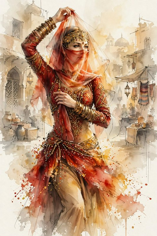 Graceful ornately dressed dancer holding a sheer veil in a sunlit middle eastern market bazaar