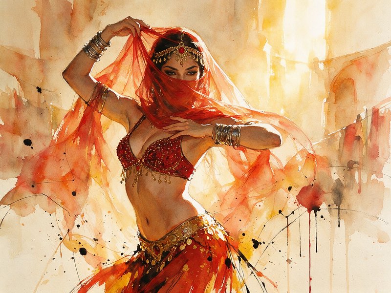Watercolor painting of a veiled belly dancer in red costume holding a flowing sheer red veil
