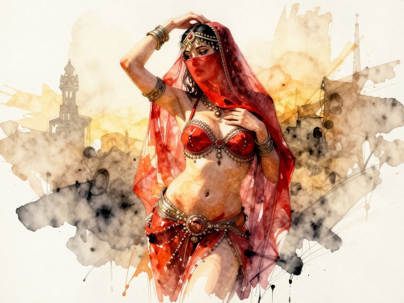Watercolor portrait of a veiled belly dancer in red costume against soft abstract city ruins