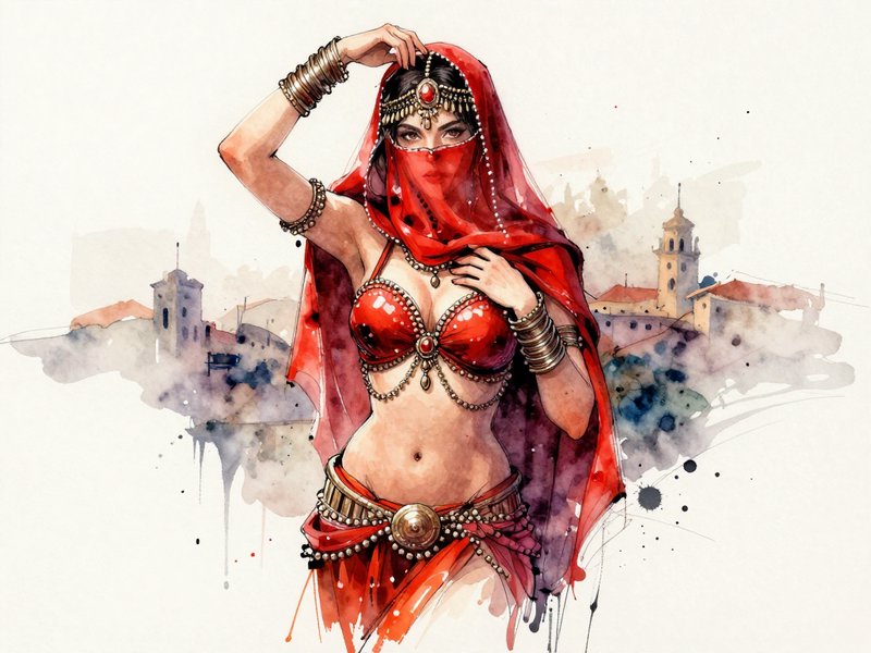 Watercolor illustration of a veiled belly dancer in red costume against a hazy old town backdrop