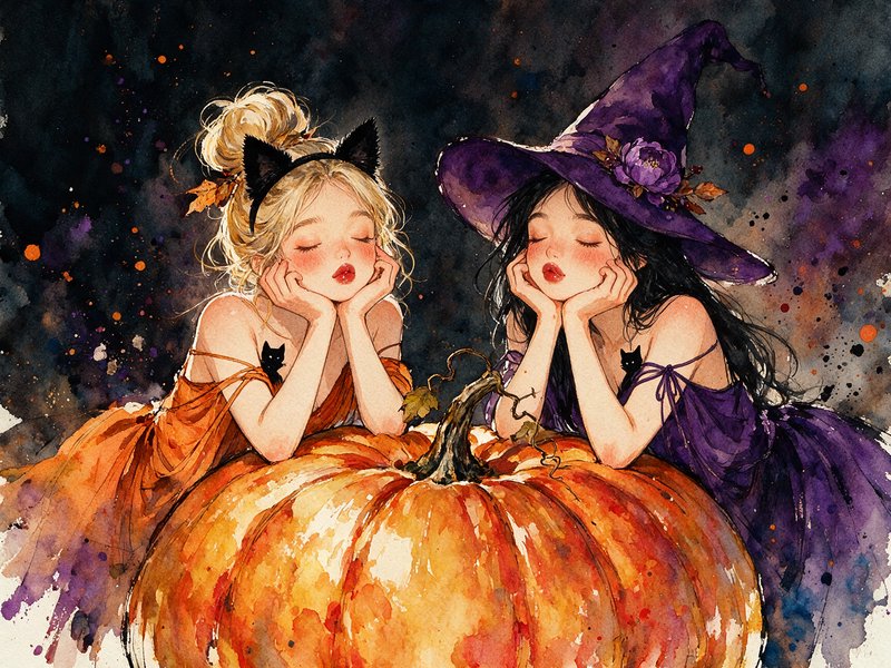 Two whimsical Halloween girls resting their cheeks on a large orange pumpkin against a dark starr...