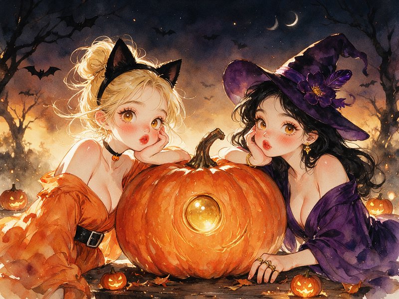 Two cute anime-style Halloween girls lean on a large glowing pumpkin under a starry twilight sky