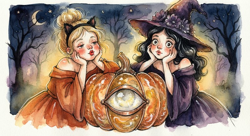 Two girls, one with cat ears and one in a witch hat, gaze at a magical all-seeing pumpkin in a starry night forest