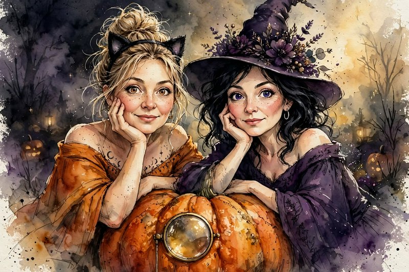 Two playful Halloween costumed women lean on a large carved pumpkin in a whimsical watercolor portrait